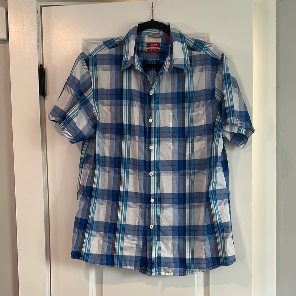 IZOD Men's Blue and White Plaid Shirt